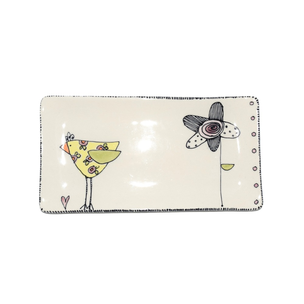Artisan Signed Ceramic Rectangular Tray Bird Flower Cream Yellow Excellent 10.5"